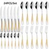 24Pcs Dinnerware Set Flatware Cutlery Set 18/10 Stainless Steel Gold Silverware Dinner Set Knife Fork Spoon Dishwasher Safe