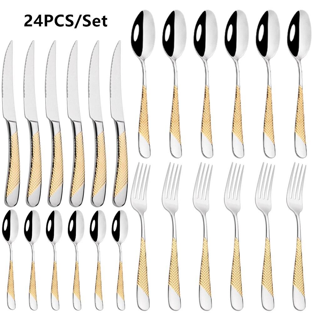 24Pcs Dinnerware Set Flatware Cutlery Set 18/10 Stainless Steel Gold Silverware Dinner Set Knife Fork Spoon Dishwasher Safe