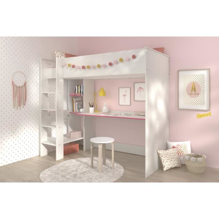 PARISOT JIM Contemporary Children's Loft Bed with Memphis Pine Decor and Reversible Blue or Pink Edge - W 90 X L 200 Cm
