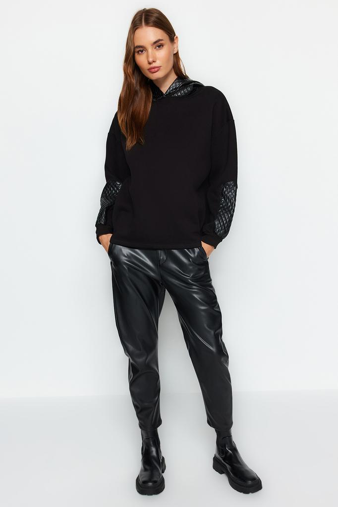 Women's Fashion Sweatshirt Hooded Long Emerald Green Regular Fit Embroidered Hooded Knitted Sweatshirt with Fleece Inside