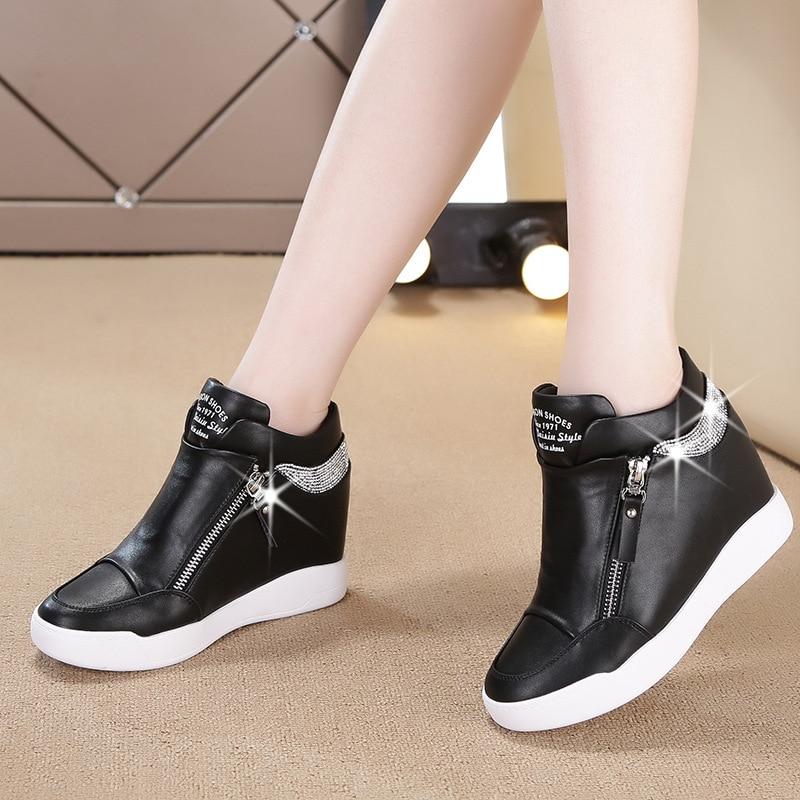 Plus Size Women Wedge Sneakers Side Zipper PU Leather Casual Flat Shoes Sequins Thick Bottom White Shoes Internal Heighten