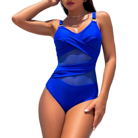 Women Monokini Deep V-Neck Sleeveless Slim Fit One-piece Bikini Solid Color Mesh Splicing