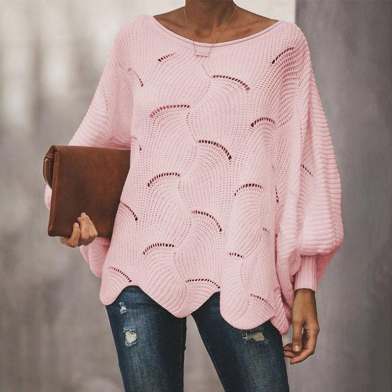 Women's Solid Color Round Neck Loose Large Size Thin Cutout Long-Sleeved Sweater Top