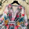 Bohemian Floral Chiffon Summer Dresses for Women 2025 Runway V-Neck Long Lantern Sleeve Sashes Beach Holiday Dressess Boho Robe