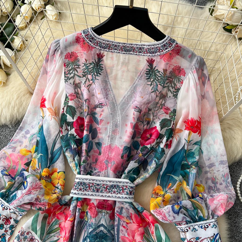 Bohemian Floral Chiffon Summer Dresses for Women 2025 Runway V-Neck Long Lantern Sleeve Sashes Beach Holiday Dressess Boho Robe