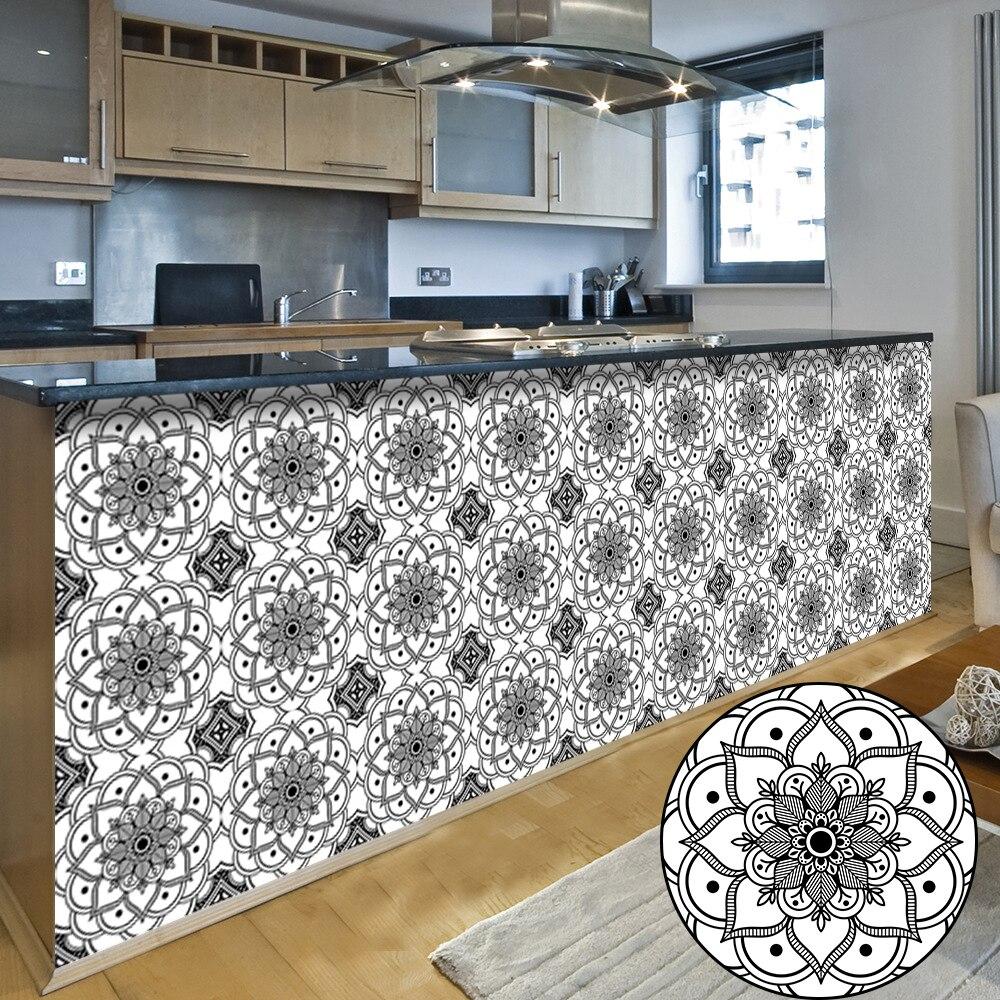 10pcs Black and White Mandala Tiles Wall Sticker Kitchen Backsplash Wardrobe Counter Home Decor Self-adhesive Waterproof Art Mural