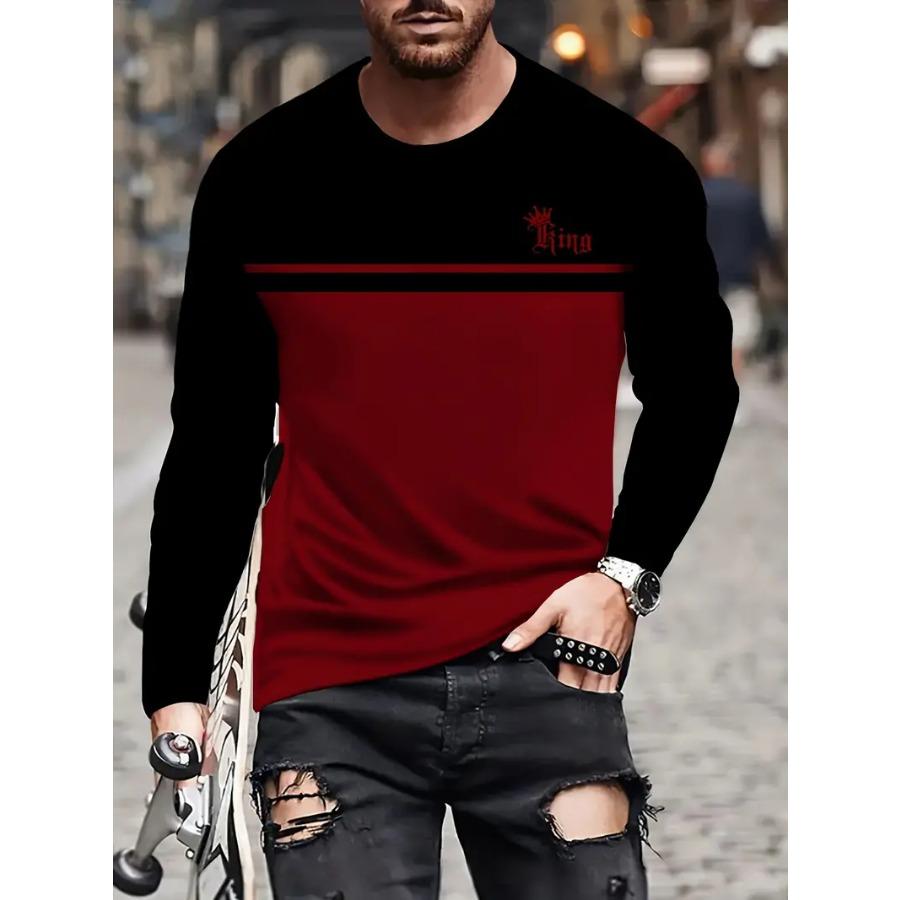 All-Season Men's Crew Neck T-Shirt - Stylish Color Block, Long Sleeves, Durable & Easy-Care Fabric