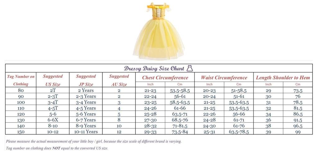 Toddler Girls Belle Cosplay Princess Costume Children Skirt Beauty and the Beast Dress Halloween Costume Yellow Size Years 130 [Dressy Daisy] 8-9