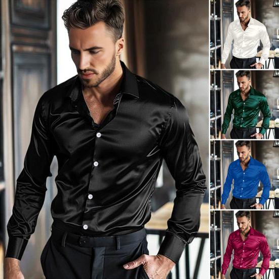 Men's Satin Glossy Shirt Solid Color Long Sleeve Smooth Dress Shirt Lapel