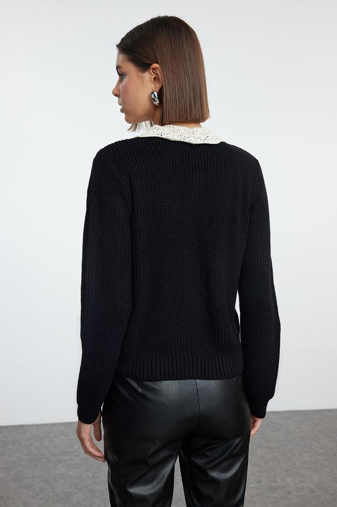 Women's Elegance Style Cardigan Black Soft Textured Garni Detailed Knitwear Cardigan