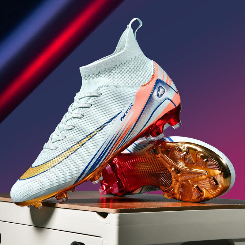 Ronaldo Gold-plated Seamless Fly-woven Football Shoes, Youth Spikes, Artificial Grass Game Training Shoes