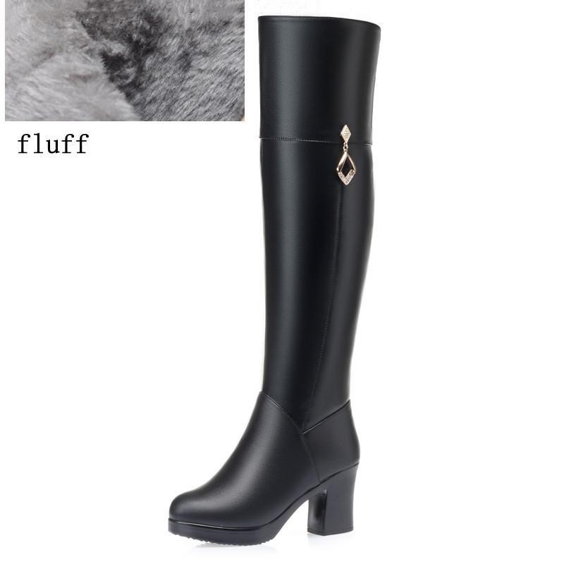 Women's Over The Knee Boots Natural Wool Genuine Leather Women Winter Boots Warm High-heel Women Motorcycle Boots