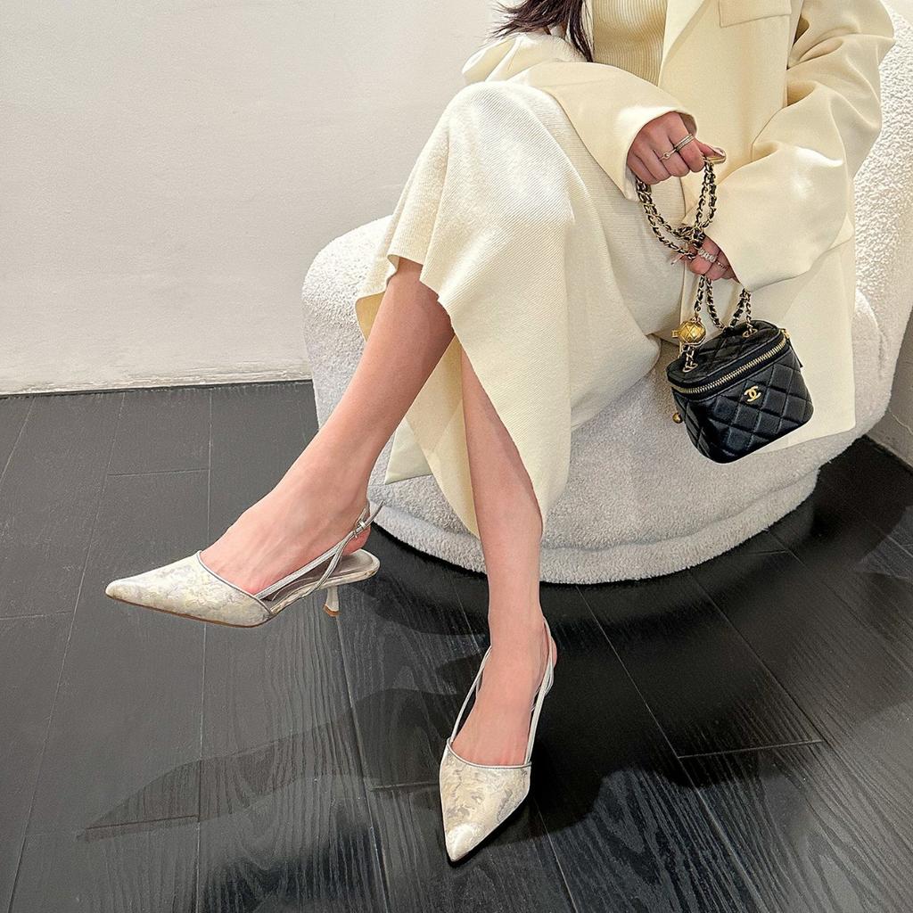 New High Heels Pointed Back Empty Child Chinese Embroidery Green Niche Cold Temperament Sandals Women's Spring