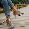 Summer New Fashionable Sexy Thin Heel Hollow Fish Mouth Striped Leopard Print Bag Heel High Heel Sandals Women