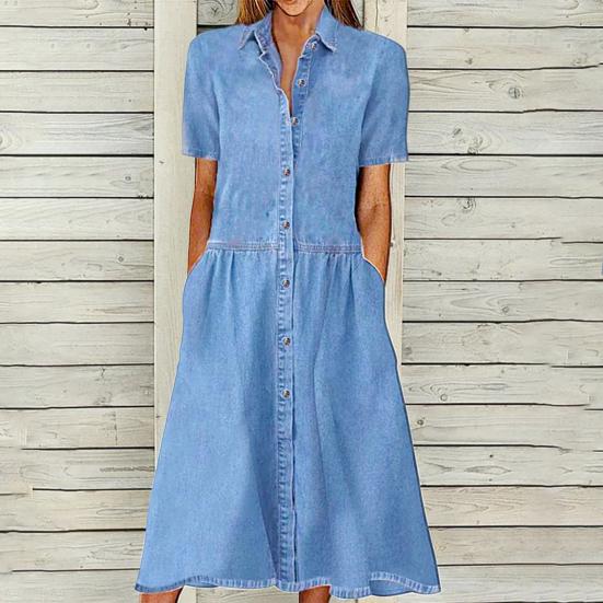 Women Dress Elegent Beauty Lady Dress Collar Splicing Summer Midi Long Lady Pocket Button Denim Loose Lapel Dress