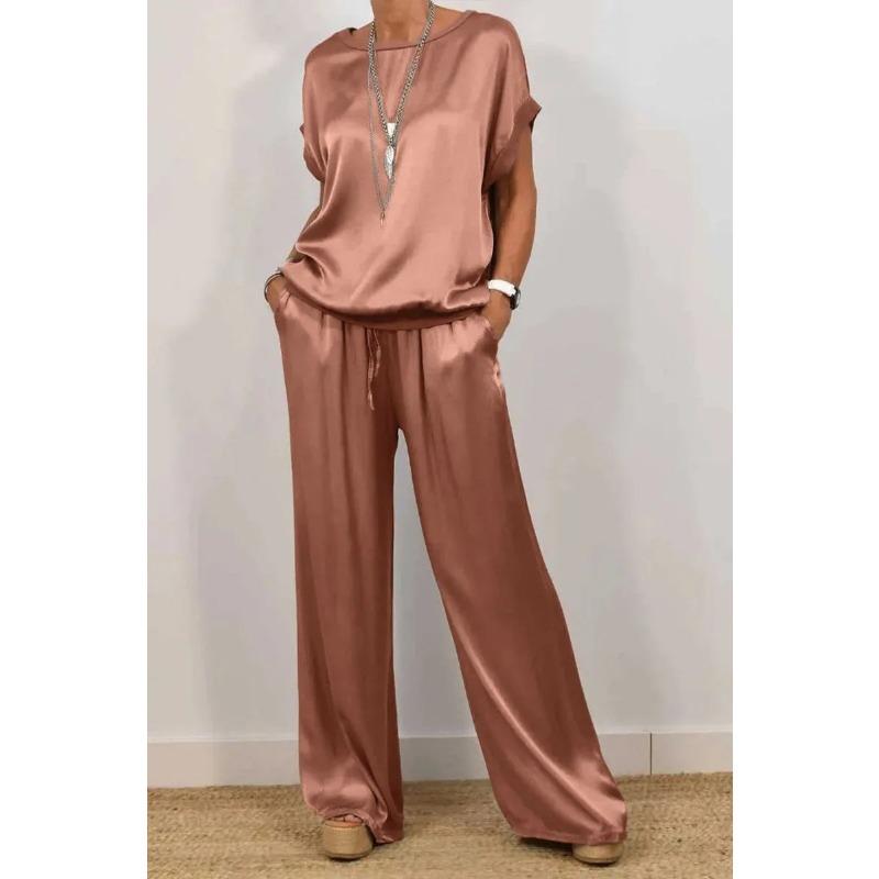 JKASHDK Women's Fashion Casual Summer Spring Solid Color Print Short Sleeve O-Neck Trousers Pants Suits