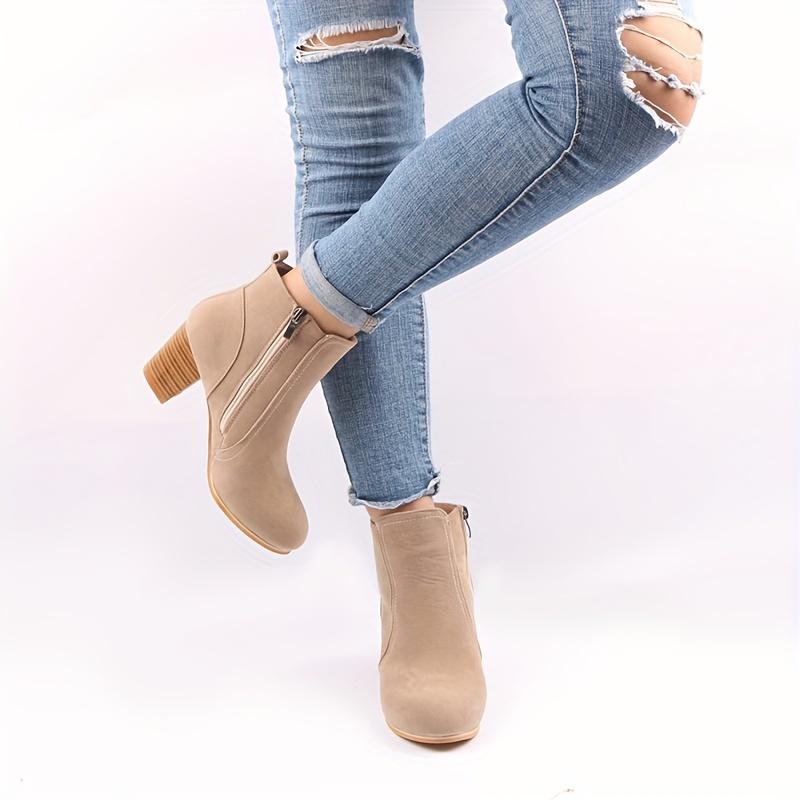 Women's Round Toe Side Zipper High Block Heel Ankle Boots - Beige Cover-Like Fabric Upper, Dressy Ankle Boots | Stylish Ankle Boots