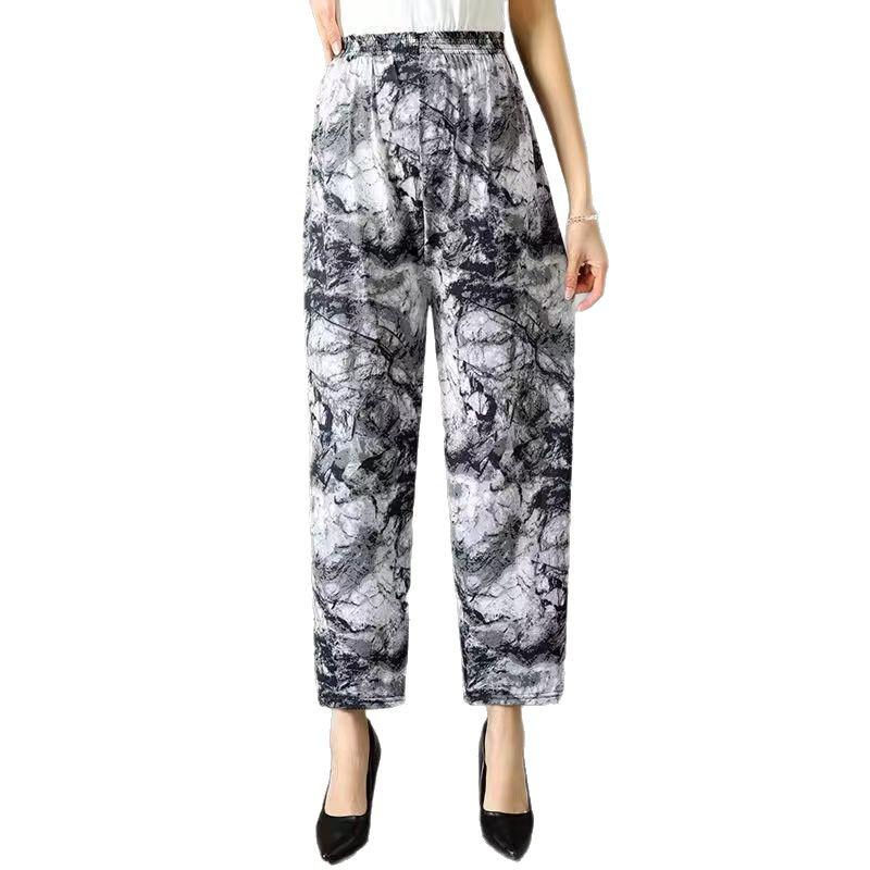Casual Summer Women's Plus Size Ice Silk Stretch Pants - Loose, High Elastic Waist for Middle-Aged and Elderly