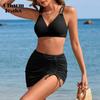 Chrmleaks Womens 3 Piece Textured Bikini Sets High Waisted Full Coverage Swimsuit Drawstring Bathing Suit with Skirt