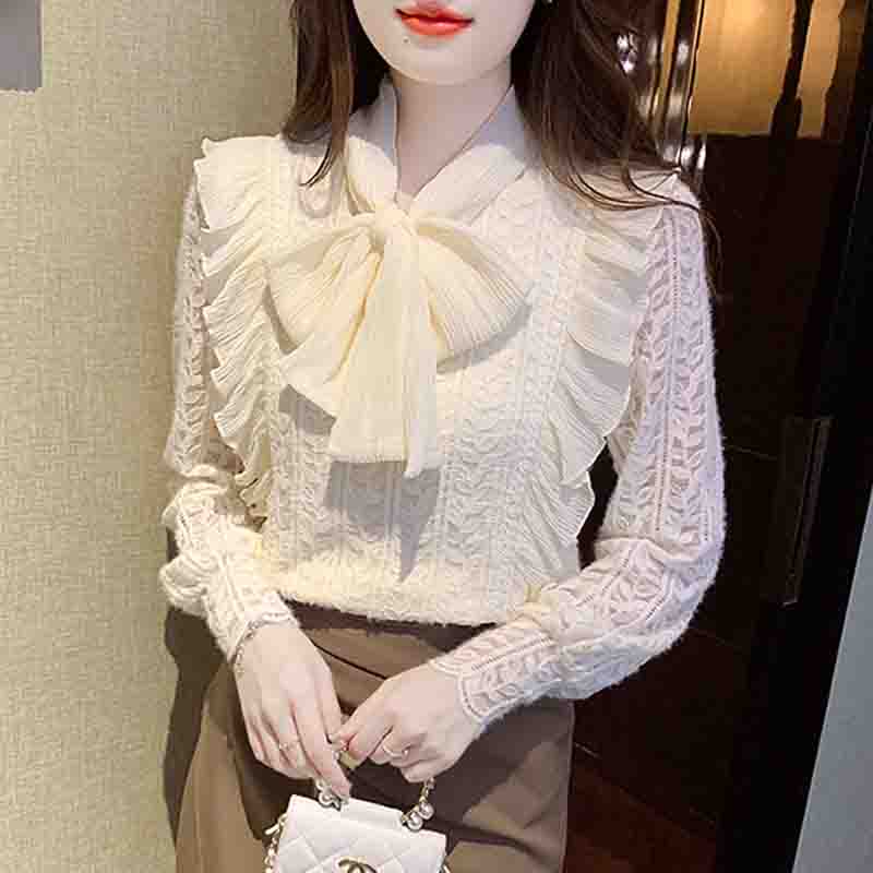 Autumn Winter Fashion New 2024 Long Sleeve Bow Collar Ruffles Velvet Lace Blouse Shirt Women Tops Blouses Shirts J757