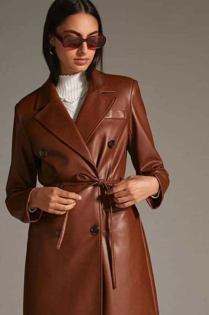 Lambskin Handmade Long Party Stylish Women Brown Trench Coat Leather Genuine