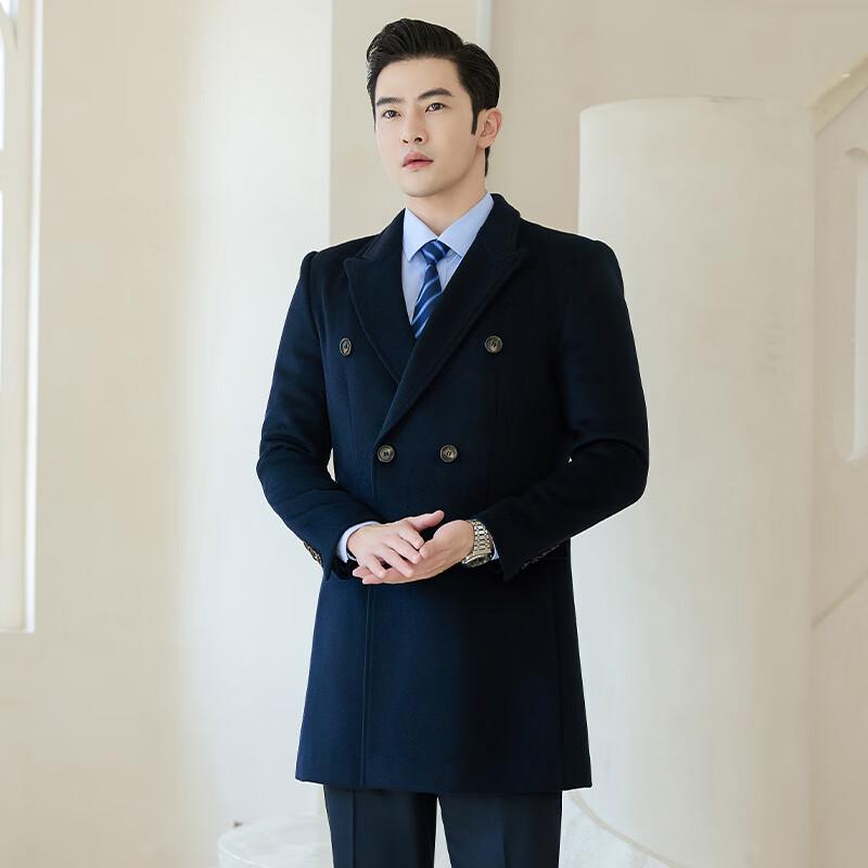 TROJAN Men's Double-Breasted Wool Blend Mid-Length Overcoat