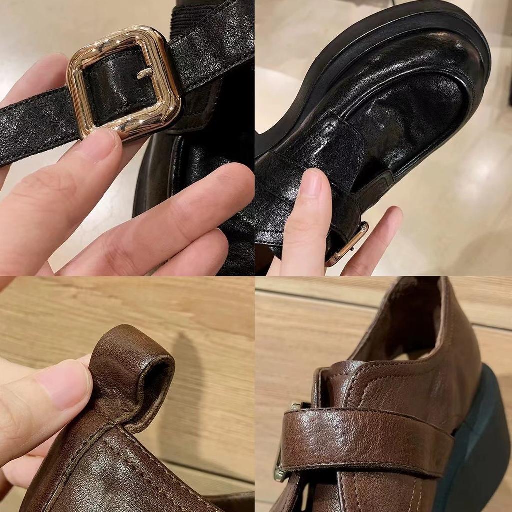 Cowhide Version Grape Mother Washed Horse Leather Round Head Buckle with British One-pedal Small Leather Shoes Women's Platform Heightening Loafers