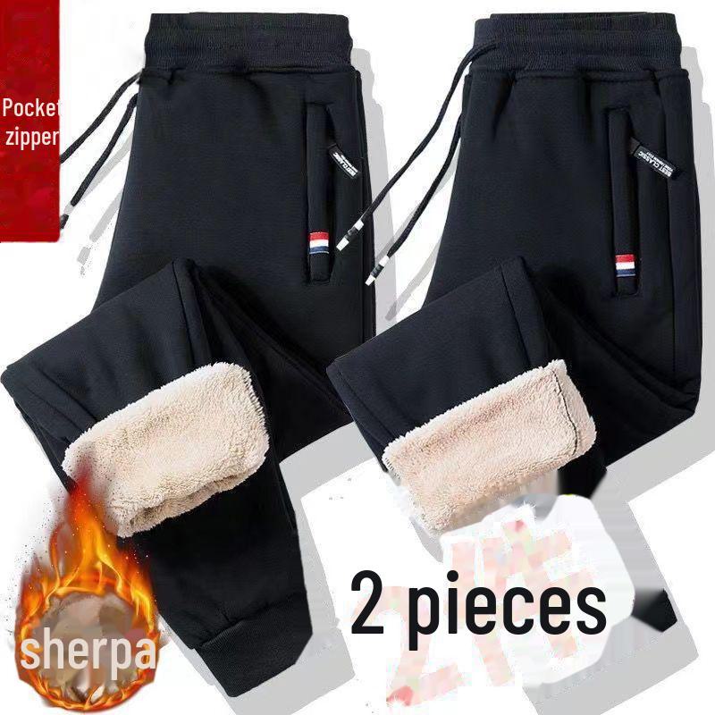 Men's Winter Lambskin Fleece Pants: Extra Thick, Warm, Loose Fit, Straight-Leg with Zipper for All Ages.