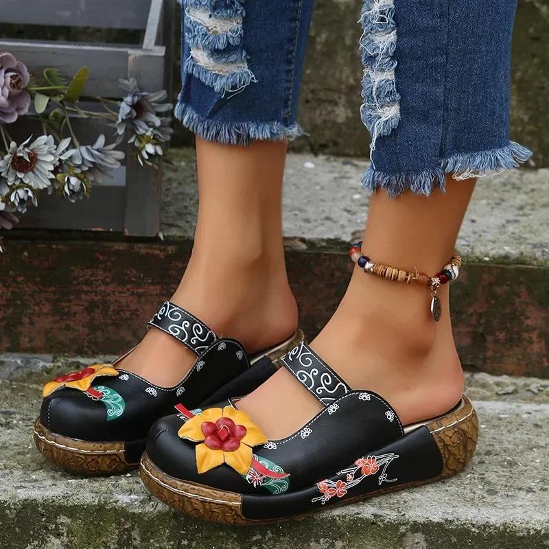 Fashion Women's Tribal Style Flower Platform Mules, Floral Print Wedge Heeled Clogs, Closed Toe Shoes