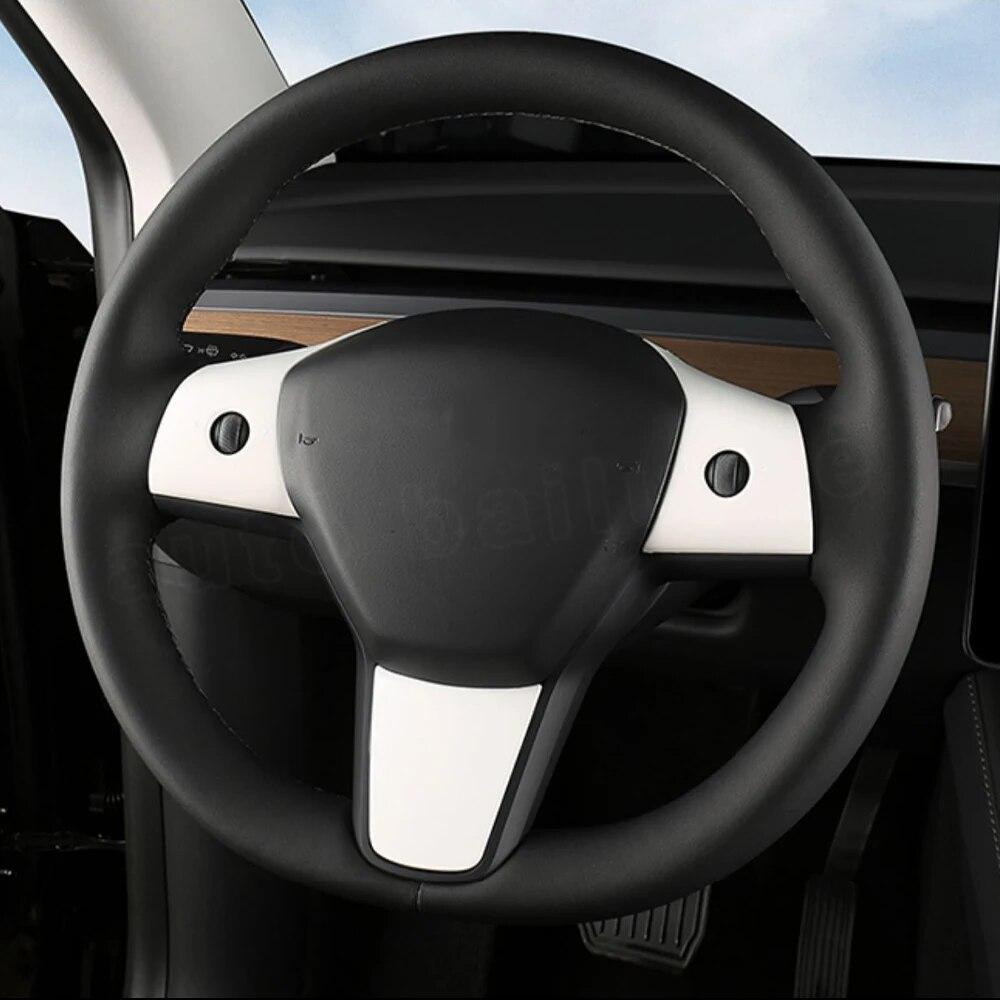 For Tesla Model 3 Model Y 2023 2022 3Pcs Car Interior Accessories Steering Wheel Decor Stickers Carbon Fiber Trim