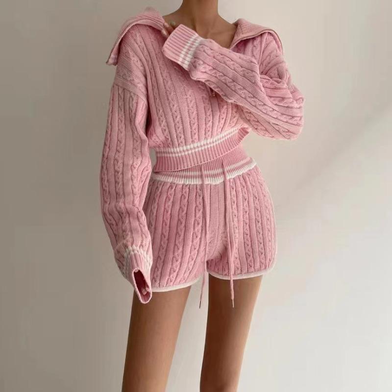 Autumn Winter Women Casual Twist Knitted Sweater Pant Two Piece Set Full Sleeve Zipper Pullover Tops and Elastic Waist Shorts Tracksuit