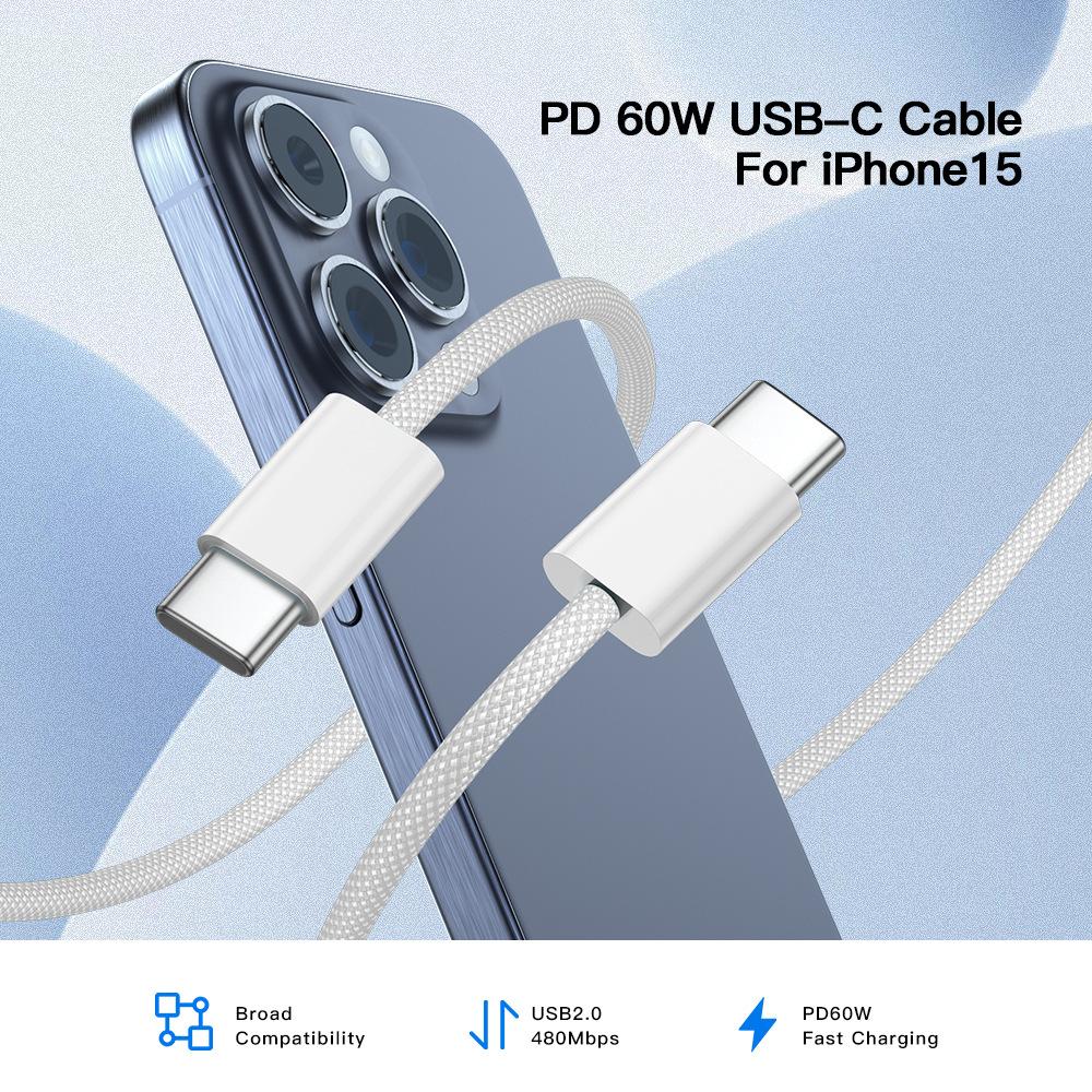 60W USB C To USB C Fast Charging PD Cable For iPhone 15 16 Pro Max 15 Plus Samsung Huawei Honor Xiaomi Redmi Type C Braided Wire
