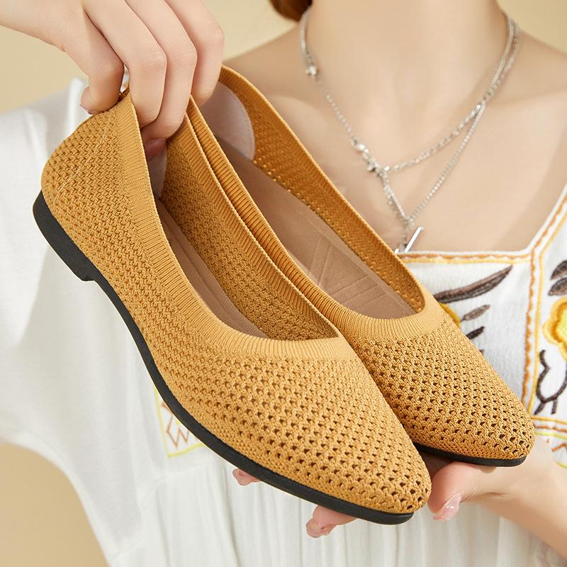 Women Round Toe Flat Shoes Solid Color Knitted Slip On Shoes Casual Breathable Ballet Flats Women Flat Shoes Loafers Women