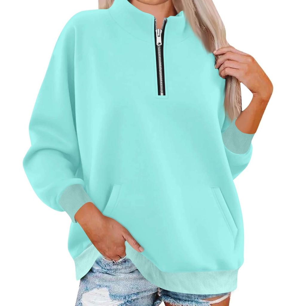 Women's Fashion Long Sleeve Loose Oversize Solid Color Half Zipper Neck Sweater Top With Pockets