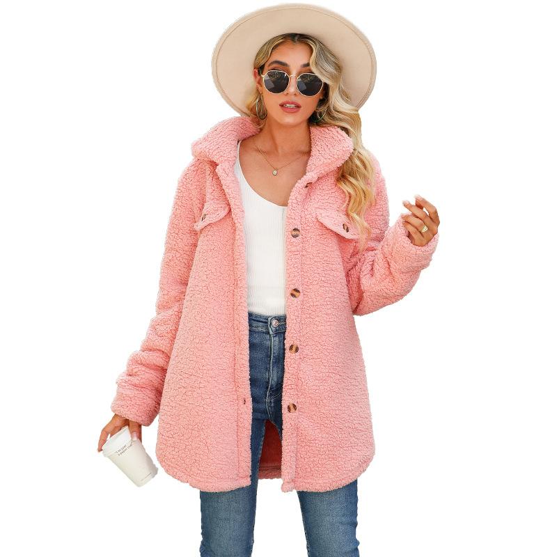 Autumn and Winter Women's Coat Lapel Long-sleeved Loose Buttons Fake Pockets Non-iron Long Plush Coat