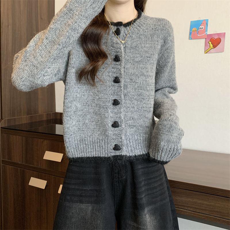 Women Sweater Coat Autumn Winter Design Color Block Heart Button Knit Cardigan Short Sleeve Top