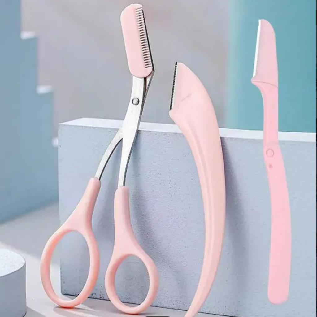 1pc Crescent Eyebrow Trimmer + 1pc Pink Eyebrow Scissors + 1pc Pink Folding Eyebrow Trimmer, Pink Eyebrow Clipper with Built-in Comb