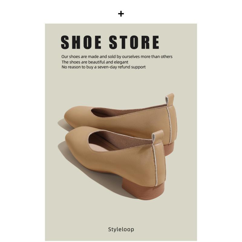Single Shoes Women's New Low Heel Thick Heel Inner Height Increase Fairy Soft Leather Square Head Beanie Shoes Women's Small Size 3233