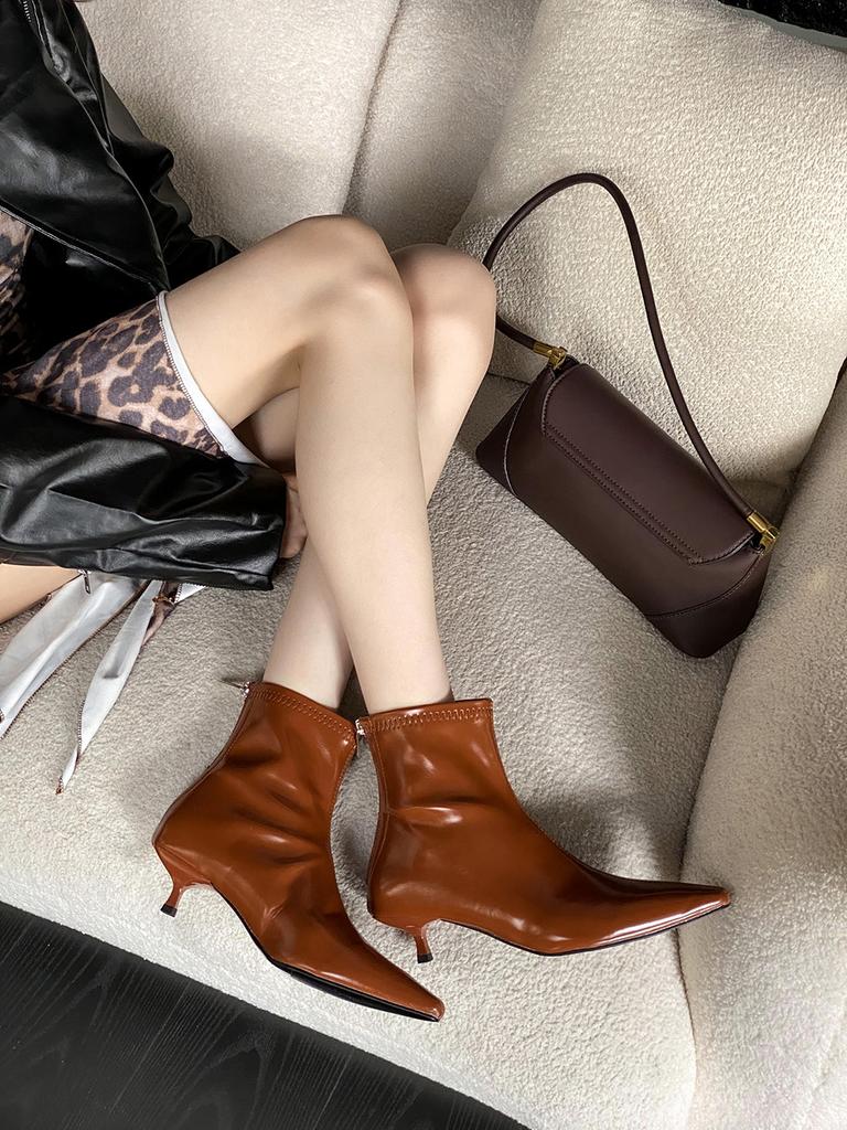 Fashion Pointed Toe Women Ankle Boots Sock Stretch Shoes Thin Mid Heels Black Beige Brown Fashion New Arrivals Party Pumps 35-39 Dress