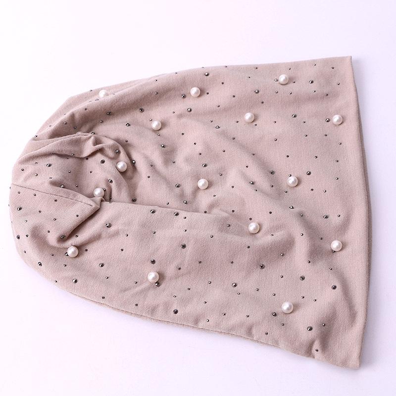Pearl Rhinestones Women Beanie Hats Autumn Winter Warm Soft Cotton Skullies Caps Casual Outside Turban Female Ladies Hearwear