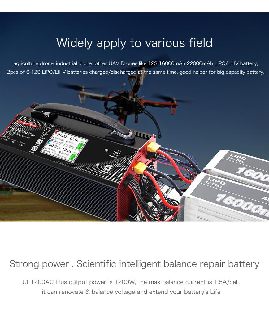 UP1200AC PLUS Dual Charger 2×600W 15A for 6–12S UAV Drone Batteries – Efficient and Safe Charging for Professionals and Hobbyists