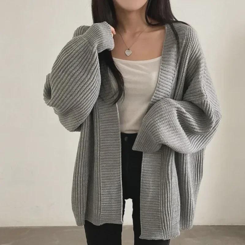 Women's Cozy Solid Color Mid-Length Knit Cardigan Sweater for Autumn and Winter