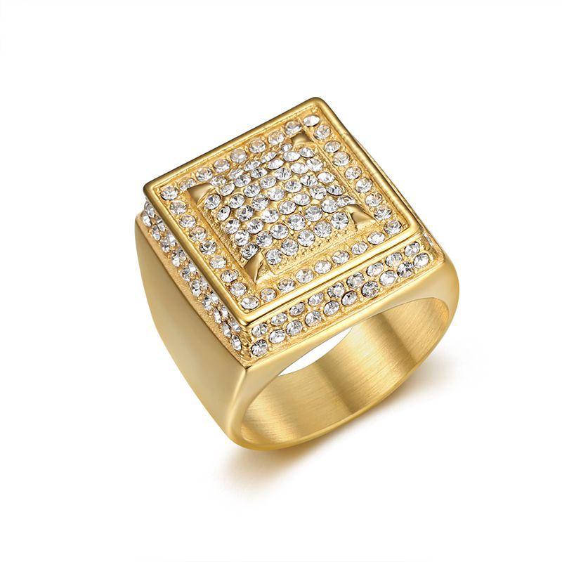 HIP Hop Bling Iced Out Gold Silver Color Stainless Steel Geometric Square Rings for Men Rapper Jewelry Size 7-13