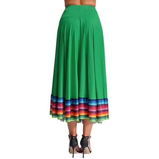 Maxi Skirt Ladies Folk Dance Skirt Elastic Waist Spanish Swing Skirt Rainbow Large Swing Hem Mexican Flamenco Performance Skirt