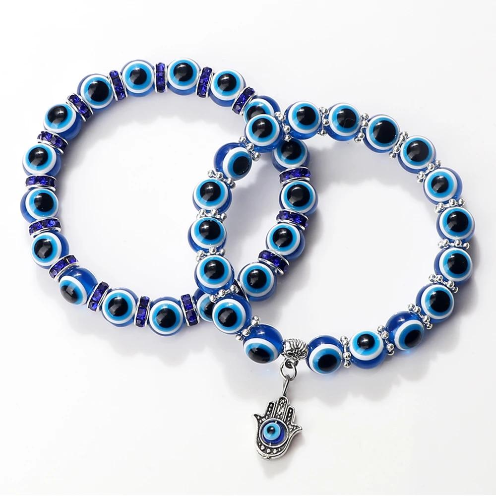 10mm Lucky Blue Evil Eye Bracelet Palm Butterfly Owl Elephant Pendant Charm Crystal Resin Beaded Bracelets for Women Men Jewelry