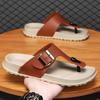 Fashion Leather Men's Sandals Summer Casual Flat Bottom Thong Slippers Beach Shoes Soft Sole Indoor Outdoor Slip-On Footwear