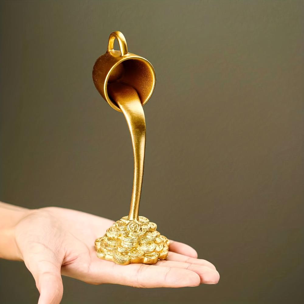 Golden Fortune Cup - Flowing Liquid Effect Lucky Decoration, Luxury Home/Office Ornament, Resin Coffee Cup, Suitable for Shelves, Tabletops