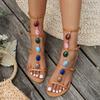 Fashion 2025 Summer Bohemian Style Slotted Strap Open Toe Sandals Women Designer Gemstone Encrusted Large Size Women's Flat Sandals