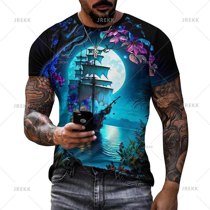Летние мужские футболки, повседневная свободная футболка с принтом парусной лодки, пиратского корабля, 3D-принта, с круглым вырезом и коротким рукавом, мужская футболка большого размера, качество