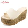 Fashion Aphixta 9cm Heels Slides Pearl Crystals Appliques Shoes Woman Slippers Flip Flops Wedge Heel Platform Woman Beach Zapatos Mujer